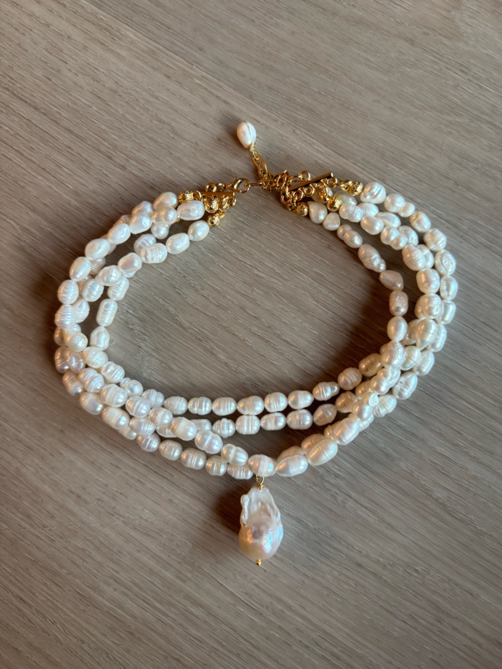 4 Row Baroque Real Pearl Multi-Strand Choker Necklace - Gold Tone - Brand New!